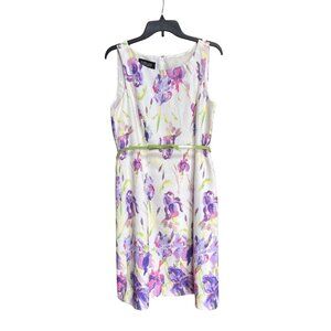Evan-Picone Black Label Floral Dress Belted 10 Midi Shift Iris Watercolor Office